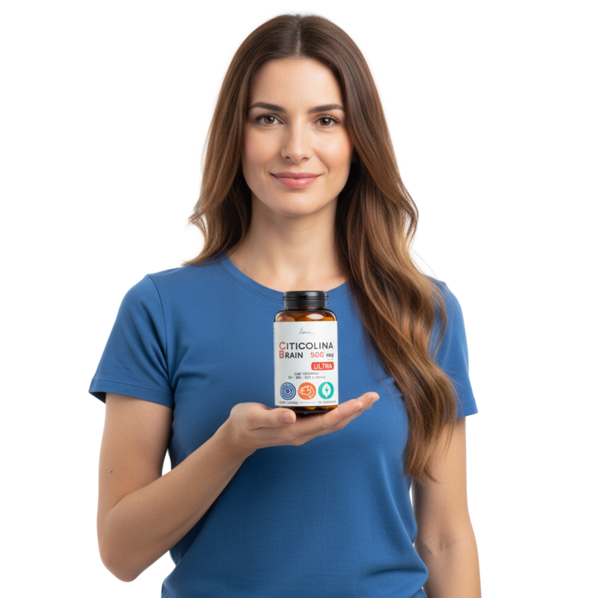 Donna che tiene in mano il flacone dell’integratore di Citicolina Poemia per memoria e concentrazione mentale