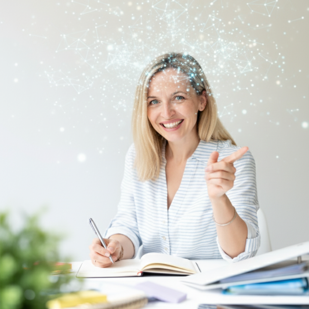 Donna sorridente sui libri, simbolo della chiarezza mentale e della concentrazione supportate dalla Citicolina