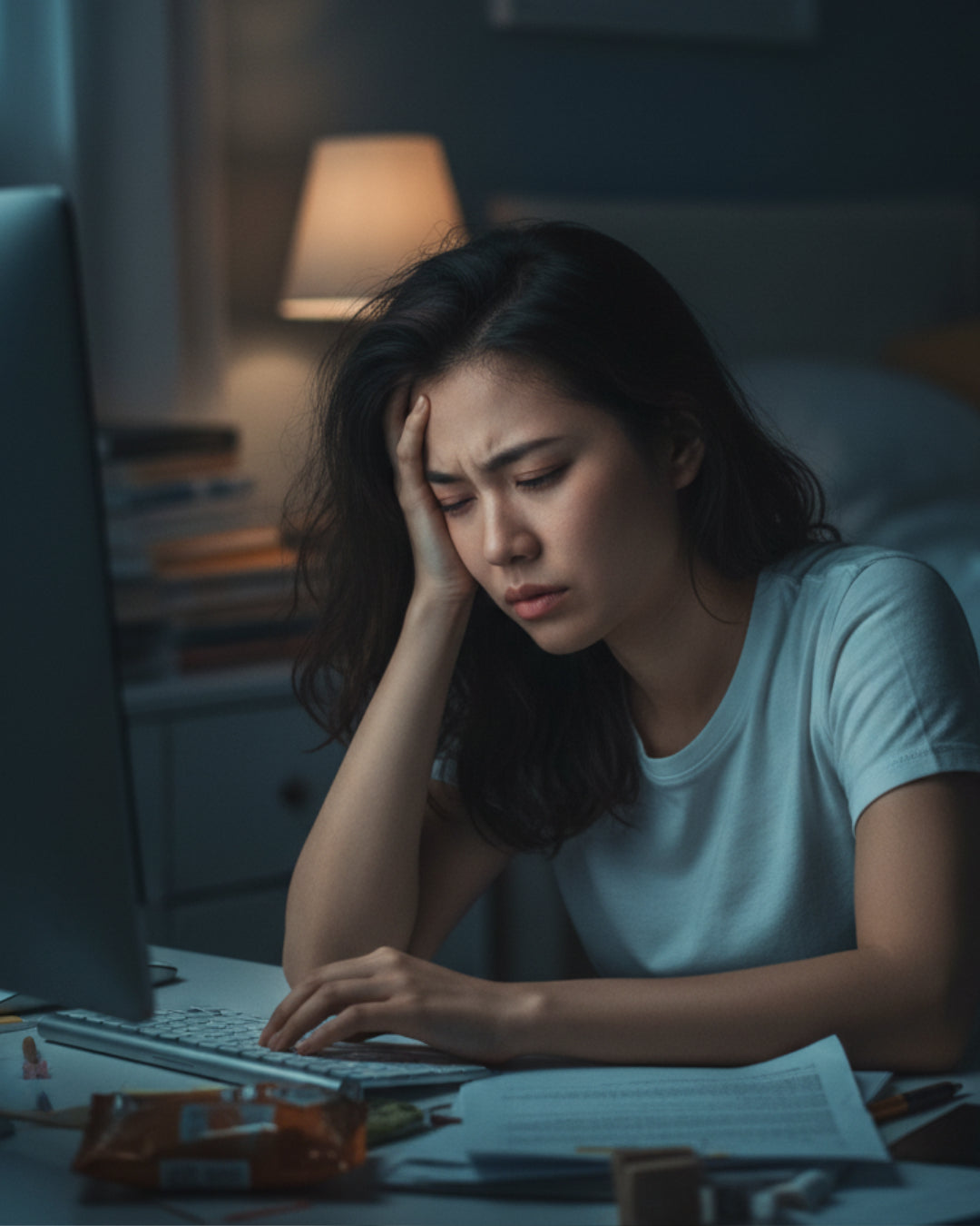 Donna stressata davanti al computer di notte, simbolo dell’eccesso di cortisolo che la Fosfatidilserina aiuta a ridurre