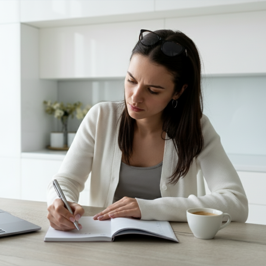 Donna concentrata mentre studia, simbolo dei benefici della Citicolina sulla memoria e la concentrazione mentale