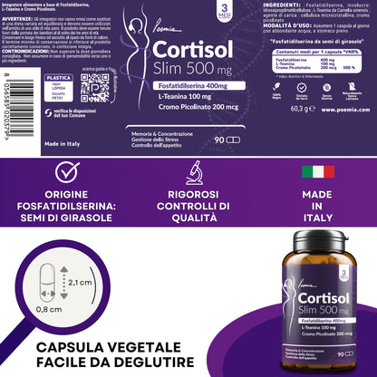 Integratore con Fosfatidilserina naturale per regolare il cortisolo, migliorare concentrazione e ridurre stress mentale – flacone Poemia