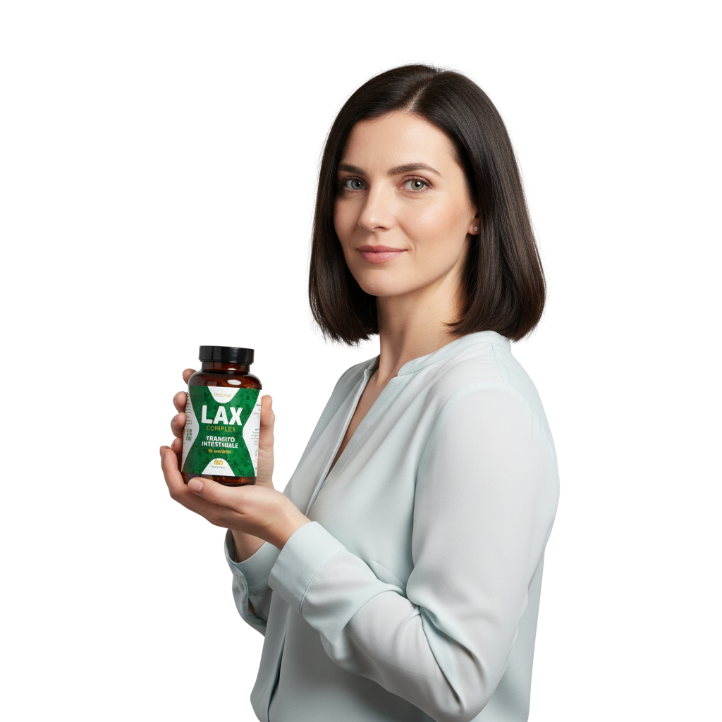 Donna che tiene in mano il flacone di un lassativo naturale, simbolo di un integratore efficace per favorire la regolarità intestinale e il benessere digestivo