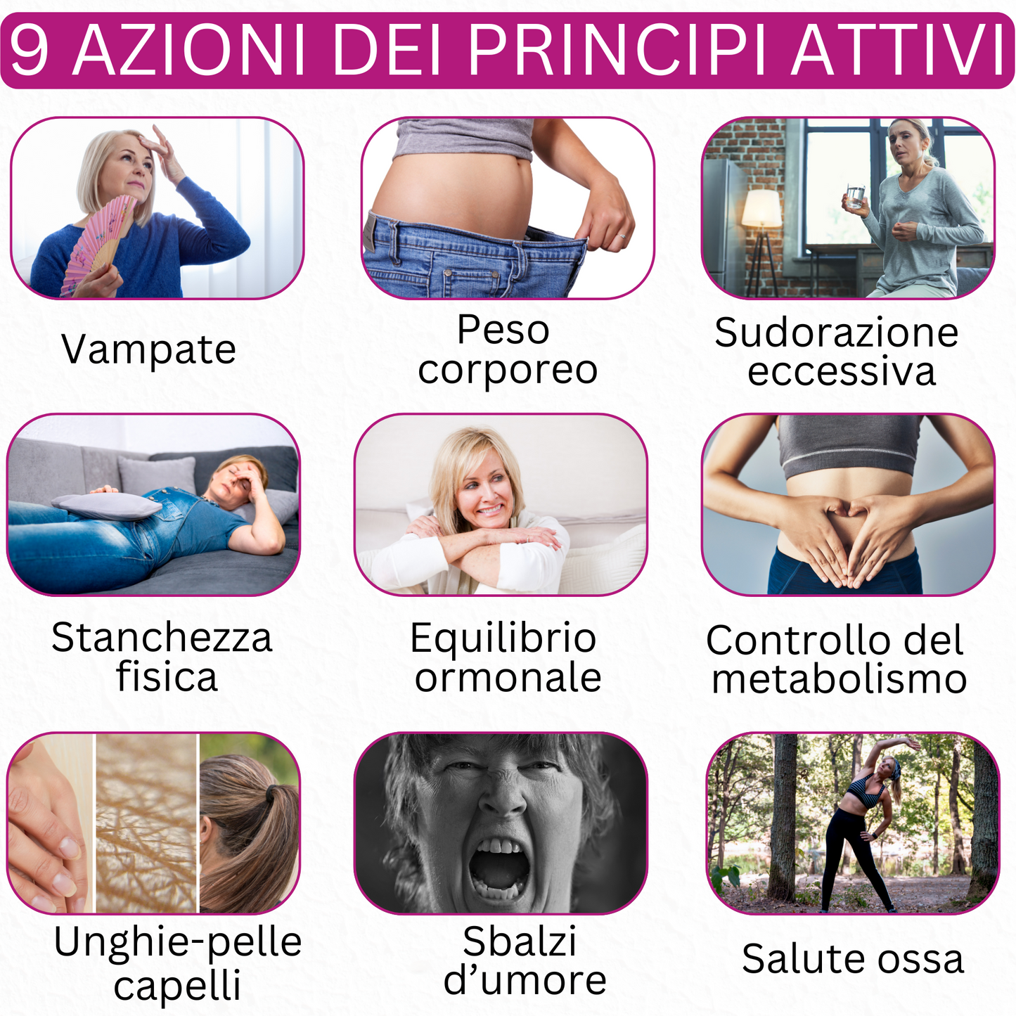 Integratore menopausa con Inositolo Trifoglio Rosso Kudzu Vitamine d3 b1 b12 e Acido Folico. Vampasol